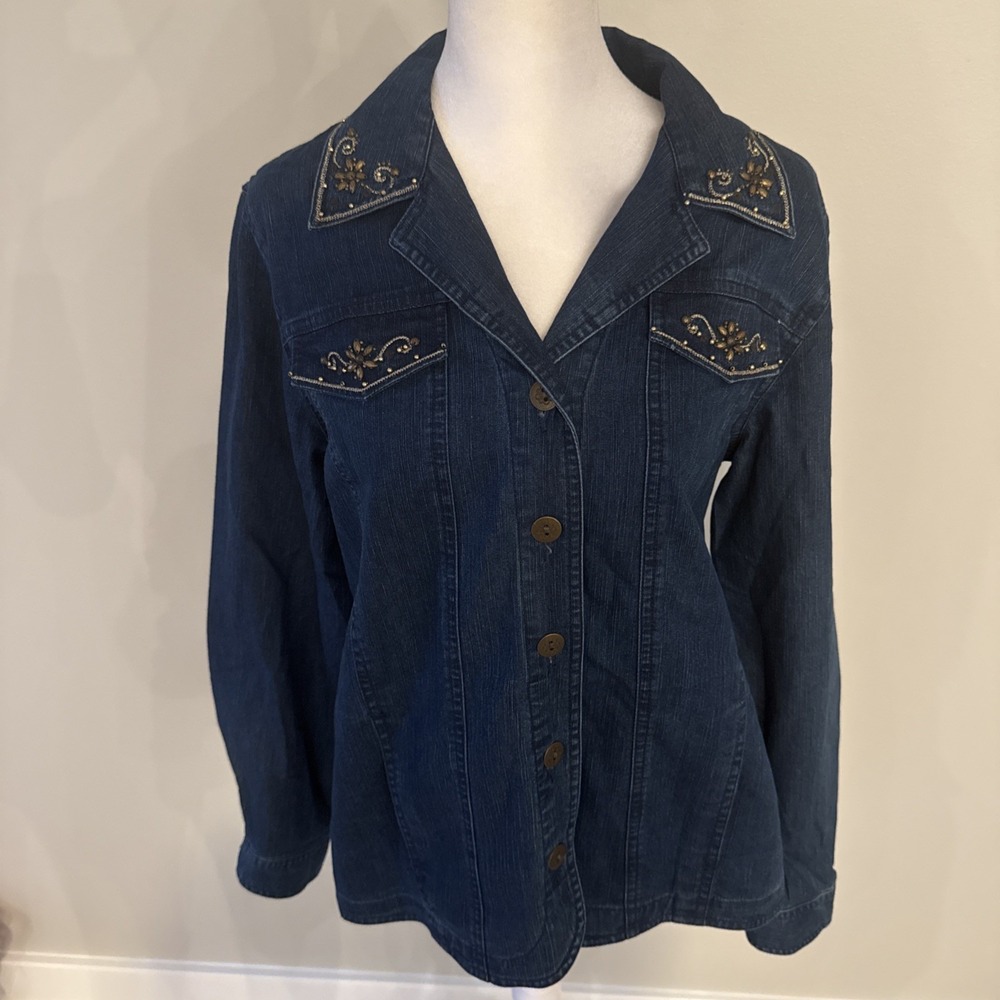 Alfred Dunner Womens Blue Embellished Beaded Denim Jacket Shirt Size 8 Western